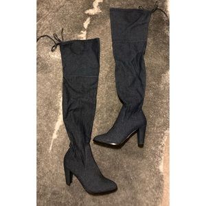 Denim silencer thigh high boots